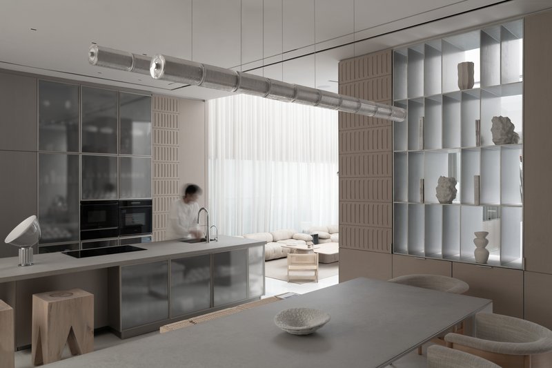 Project Residence BB 214 / Minimalist Architecture & Design Studio - Interior Photography, Kitchen, Table, Lighting, Chair, Glass, Shelving